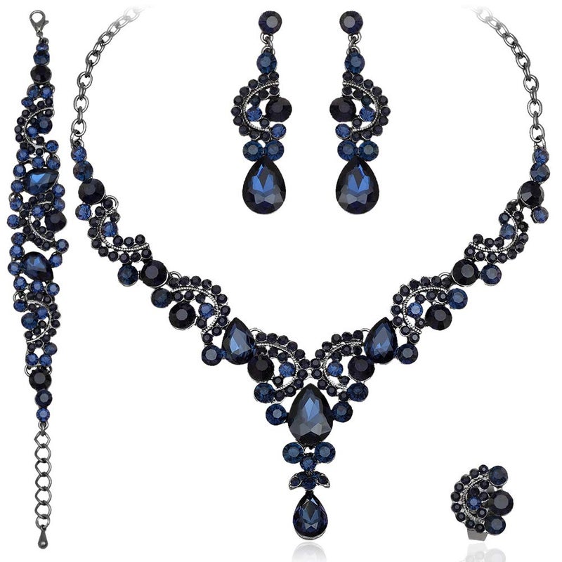 CSY 4 Pcs/Sets Vintage Necklace Earrings Bracelet Ring Retro Bridal Wedding Costume Jewelry Sets for Brides Women Gifts (Navy Blue) - Image 1